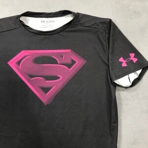 Under Armour Superman Shirt Mens 2XL Black Pink Compression HeatGear DC Logo